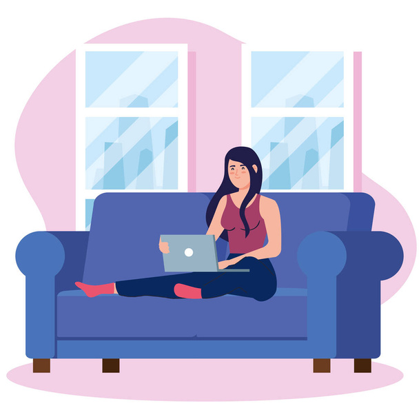 σπίτι εργασίας, freelancer γυναίκα με φορητό υπολογιστή στον καναπέ, εργασίας από το σπίτι σε χαλαρό ρυθμό, βολικό χώρο εργασίας - Διάνυσμα, εικόνα
