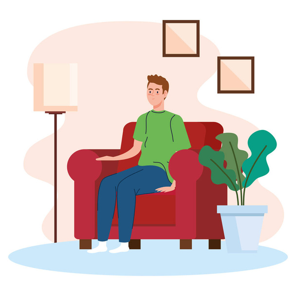 νεαρός άνδρας κάθεται στον καναπέ, σαλόνι σπίτι θέση - Διάνυσμα, εικόνα