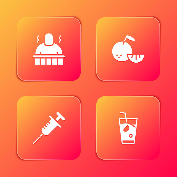 Set Sauna and spa procedures, Citrus fruit, Syringe and Fresh smoothie icon. Vector. - Vector, Image