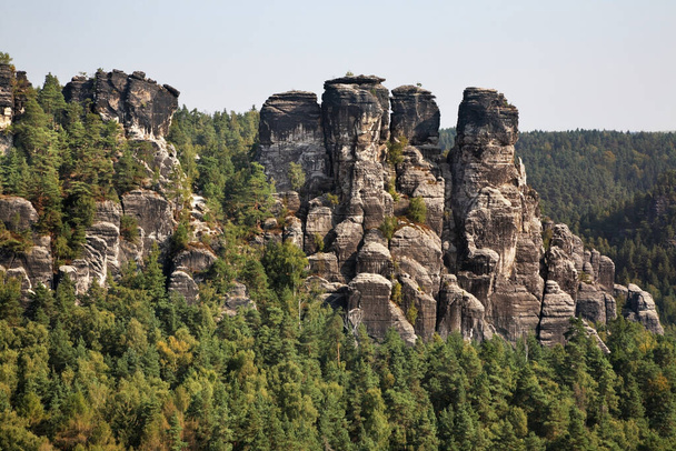 Bastei at Elbe sandstone mountains near Rathen village. Saxon Switzerland National Park. Germany - Photo, image