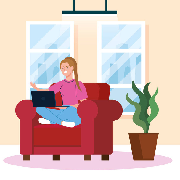 Heimarbeit, freiberufliche junge Frau mit Laptop auf Sofa, Arbeit von zu Hause aus in entspanntem Tempo, bequemer Arbeitsplatz - Vektor, Bild