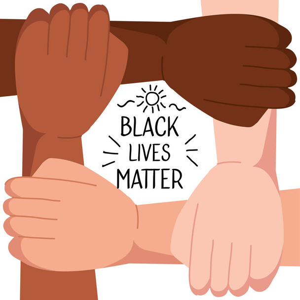 Σταματήστε το ρατσισμό, με τέσσερα ενωμένα χέρια, μαύρη ζωή έννοια ύλη - Διάνυσμα, εικόνα