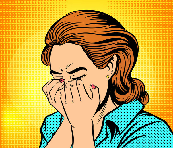 Crying woman Raise both hands to cover their mouths. Pop art vector illustration - Vector, Image