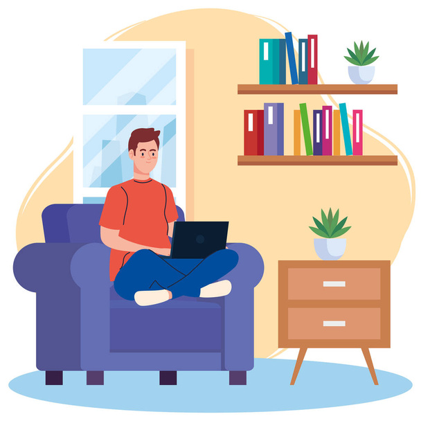 travail à domicile, freelance jeune homme avec ordinateur portable dans le canapé, travailler de la maison à un rythme détendu, lieu de travail pratique - Vecteur, image