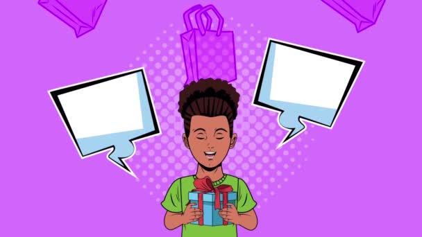 afro chica levantamiento regalo y compras bolsas patrón pop arte estilo - Imágenes, Vídeo