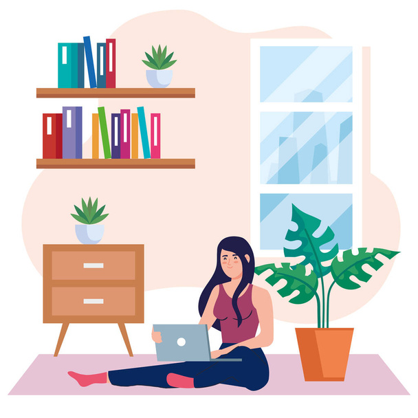 casa di lavoro, freelance giovane donna seduta sul pavimento, lavorando da casa a ritmo rilassato, comodo sul posto di lavoro - Vettoriali, immagini