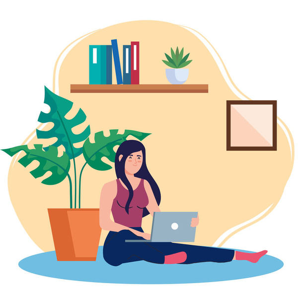 trabajo en casa, mujer freelancer sentado en el suelo, trabajando desde casa en un ritmo relajado, lugar de trabajo conveniente - Vector, imagen