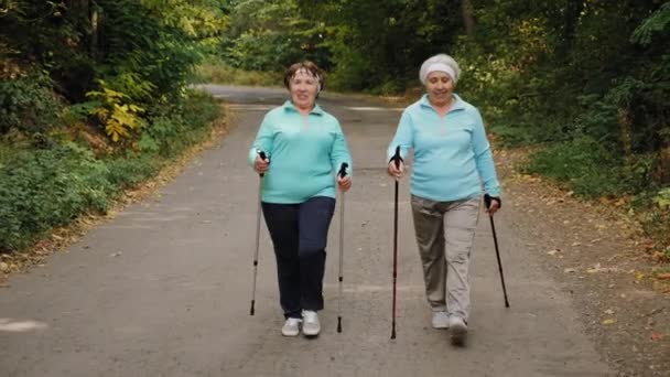 Ηλικιωμένες γυναίκες με πασσάλους πεζοπορίας περπατούν στη φύση - Πλάνα, βίντεο
