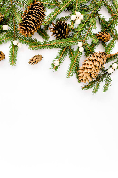 Christmas composition with fir branches, pine cones on white background. Flat lay, top view - Foto, Imagen