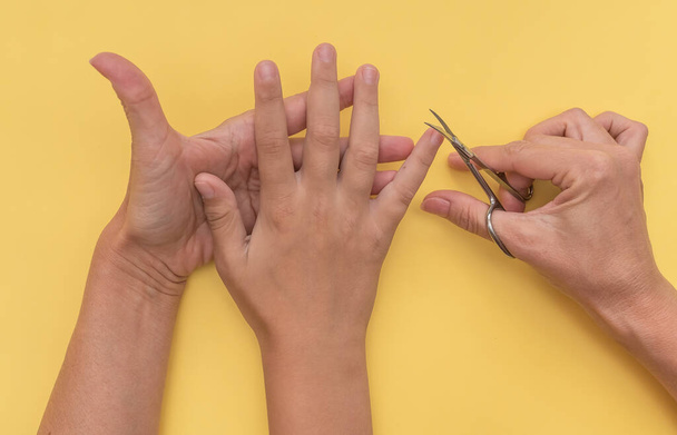 adult white woman cuts her child's nails on yellow background close up - 写真・画像