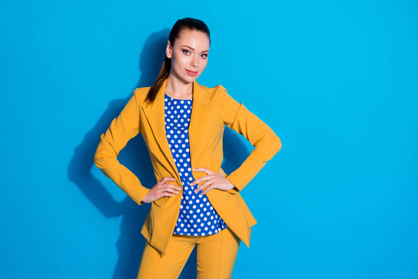 Portrait of her she nice-looking attractive lovely pretty charming chic classy elegant content lady cool look posing isolated over bright vivid shine vibrant blue color background - Photo, image