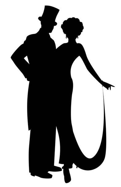 Elegantes siluetas de pareja con ropa de fiesta de estilo retro. Hombre en sombrero de copa y dama con vestido largo, aislado sobre fondo blanco. - Vector, imagen