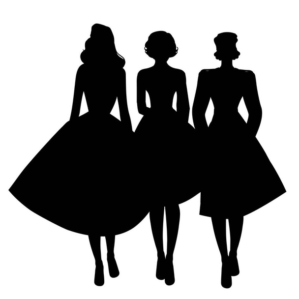 Silhouettes of three girls wearing retro clothes walking together isolated on white background - Vector, Image