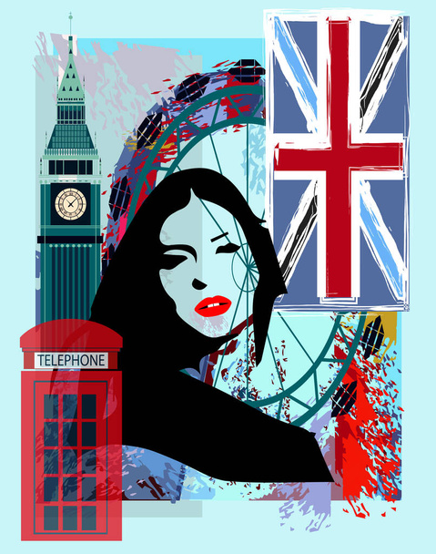Αφίσα κοριτσιού από το Λονδίνο με βρετανική σημαία, Big Ben και κορίτσι silhouette background vector - Διάνυσμα, εικόνα
