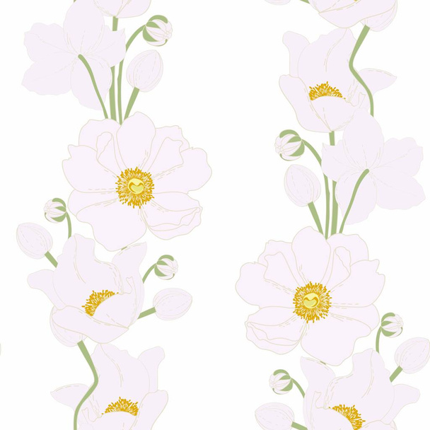Saumaton kukkakuvio. Vaaleanpunaista kultaa Anemone kukkia valkoisella taustalla. Tekstiili koostumus, käsin piirretty tyyli tulostaa.  - Vektori, kuva