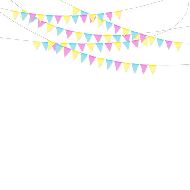 Hanging holiday flags of different colors on a white background - illustration - Vector, Image