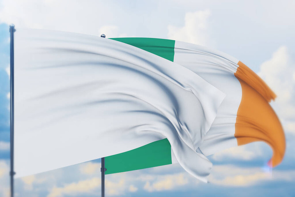 Белый флаг на флагштоке, машущем ветром и флагом Ирландии. Вид крупным планом, 3D иллюстрация. - Фото, изображение