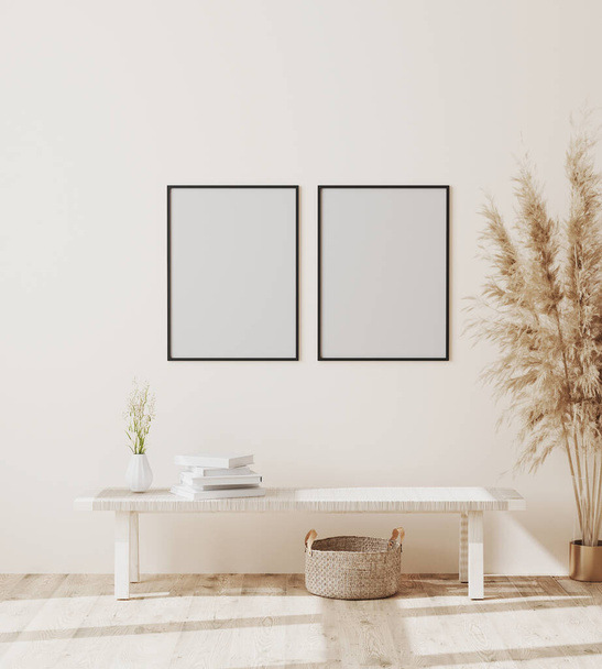 Modello di cornice poster in bianco su parete bianca in moderno sfondo interno in stile scandinavo con decorazione, rendering 3d - Foto, immagini