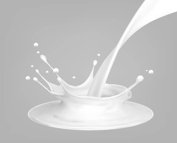 Milk splash and pouring, white splatter on grey background, Realistic healthy drink yogurt or cream motion. Vector illustration. - Vector, Image