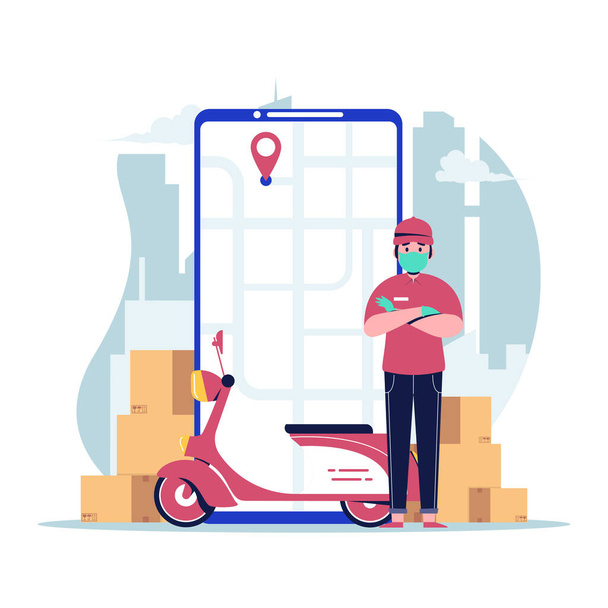 Delivery man on scooter in front of phone. Flat design vector illustration - Vector, imagen