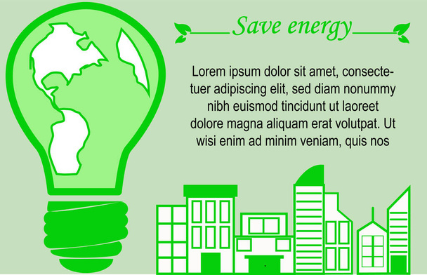 Ilustración vectorial para crear conciencia sobre el ahorro de energía, bombilla gigante con mapa interior, edificios en el lado derecho, fondo verde claro y texto - Vector, imagen