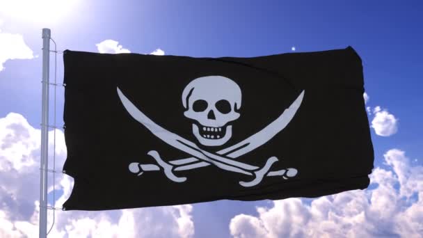 Realistic Pirate flag waving in wind against blue sky - Footage, Video