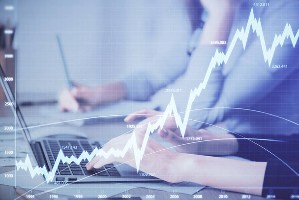 Multi exposure of woman hands typing on computer and financial chart hologram drawing. Stock market analysis concept. - Фото, изображение