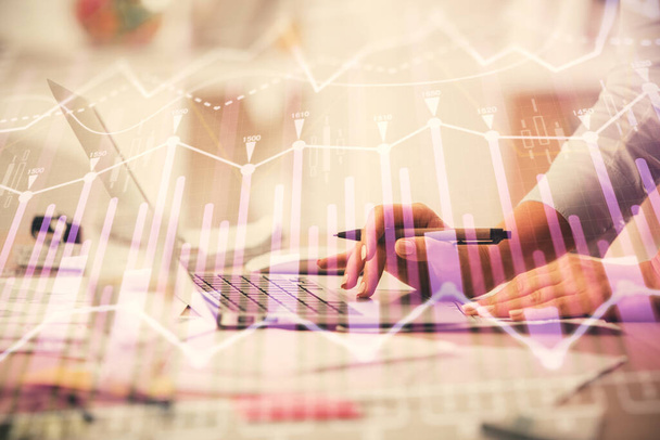 Double exposure of woman hands typing on computer and forex chart hologram drawing. Stock market invest concept. - Valokuva, kuva