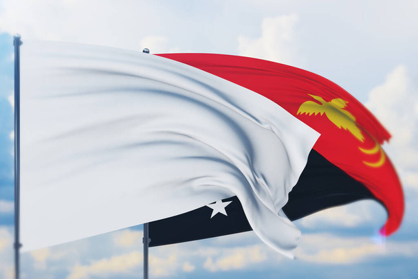 Weiße Flagge am Fahnenmast weht im Wind und die Flagge Papua-Neuguineas. Nahaufnahme, 3D-Illustration. - Foto, Bild