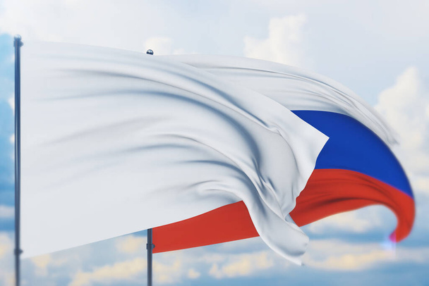 旗竿の上の白い旗がロシアの風と旗を振っている。クローズアップビュー、 3Dイラスト. - 写真・画像