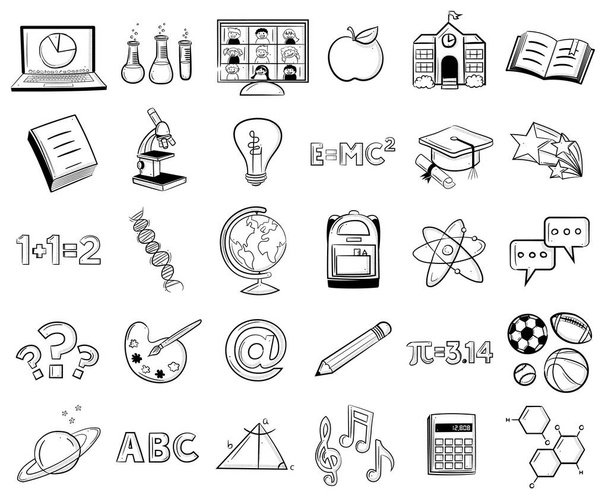 学校をテーマにしたベクトルアイコンの白黒の線画は、どれも遊び心をもって描かれています。アイコンには、ラップトップコンピュータ、ビデオ会議、学校の家、リンゴと数学、科学、スポーツをテーマにしたその他の教育用アイコンが含まれます。. - ベクター画像