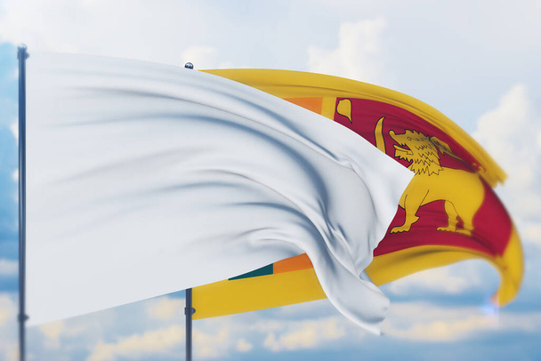 Bílá vlajka na stožáru vlnící se ve větru a vlajce Srí Lanky. Detailní pohled, 3D ilustrace. - Fotografie, Obrázek