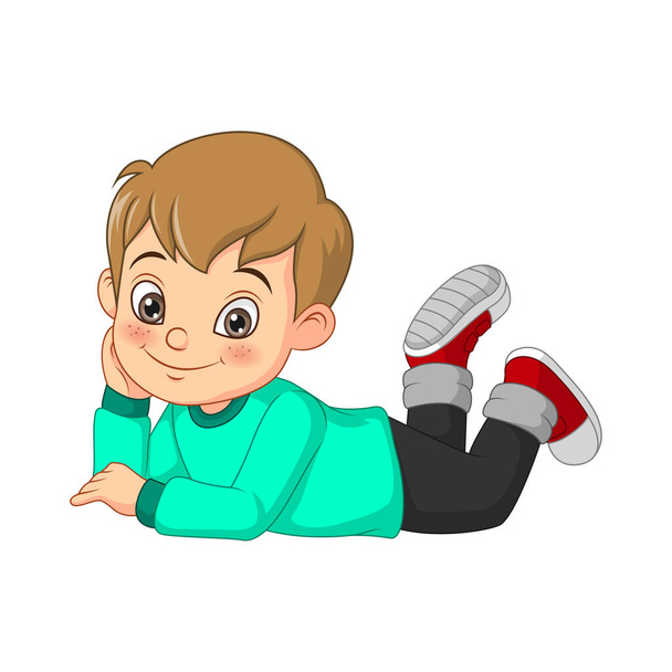 Векторная иллюстрация мультфильма Счастливый мальчик лежит на полу - Вектор,изображение