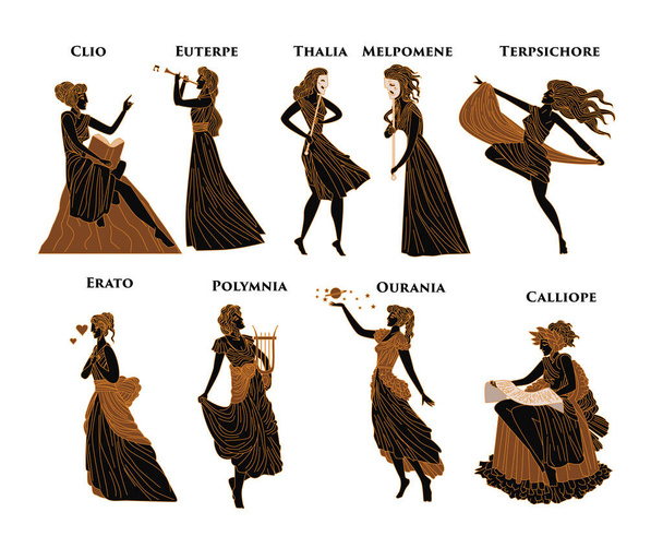 Griekse mythologie muteert Clio, Euterpe, Thalia, Melpomene, Terpsichore, Erato, Polymnia, Ourania en Calliope,  - Vector, afbeelding