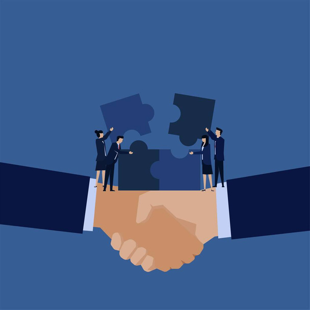 Business flat vector concept team set the puzzle above handshake metaphor of teamwork and cooperation. - Vecteur, image