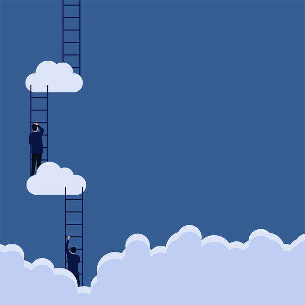 Biznes płaski wektor koncepcja biznesmen wspiąć się po drabinie do chmury metafora krok do sukcesu. - Wektor, obraz