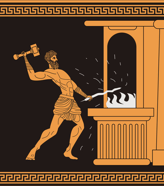 Hephaestus vulcan greek god blacksmithing in the forge - Вектор,изображение