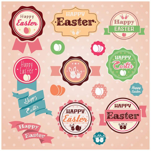 Collection of vintage retro Easter labels, stickers, badges and ribbons, vector illustration - Vector, Image