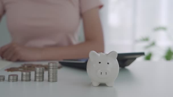 Frauen sparen Geld in einem Sparschwein. Hausfrauen schmieden Finanzpläne vor der Rente. - Filmmaterial, Video