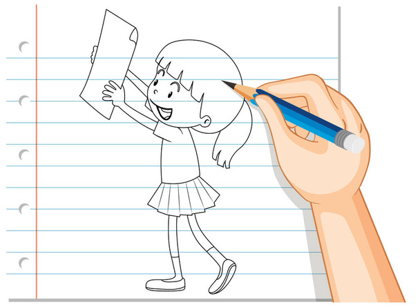 Escrita à mão de menina segurando papel esboço ilustração - Vetor, Imagem