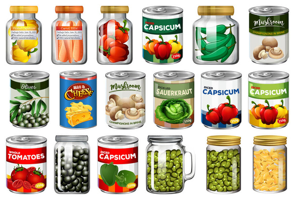Set aus verschiedenen Konserven und Lebensmitteln in Gläsern isolierte Illustration - Vektor, Bild
