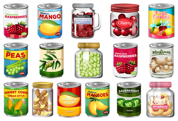 Conjunto de diferentes alimentos enlatados en frascos ilustración aislada - Vector, Imagen
