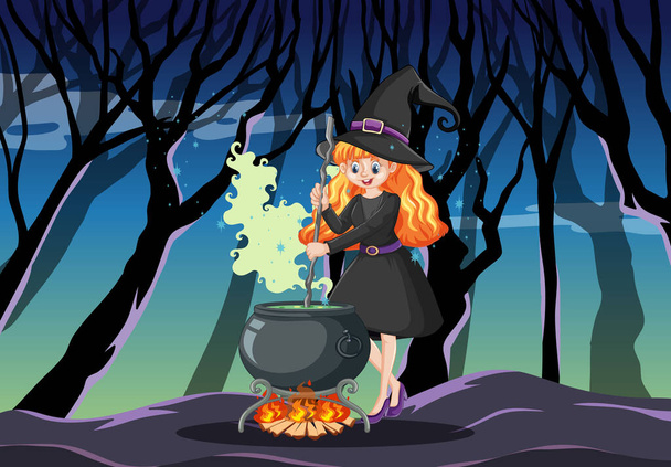 Hexe mit schwarzer Magie Topf Cartoon-Stil auf dunklen Wald Hintergrund Illustration - Vektor, Bild