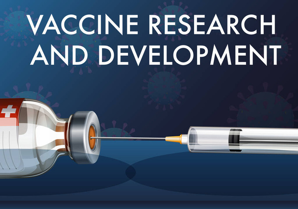 Vakcina kutatás és fejlesztés a covid-19 vagy coronavirus poszterhez vagy bannerhez tűvel illusztrált orvosi fecskendővel - Vektor, kép