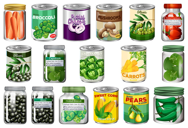 Sada různých konzervovaných potravin a potravin ve sklenicích izolované ilustrace - Vektor, obrázek