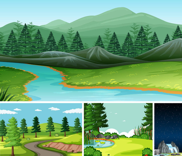 Čtyři různé scény v přírodě nastavení kresleného stylu ilustrace - Vektor, obrázek