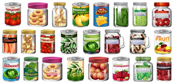 Conjunto de diferentes alimentos enlatados en frascos ilustración aislada - Vector, Imagen