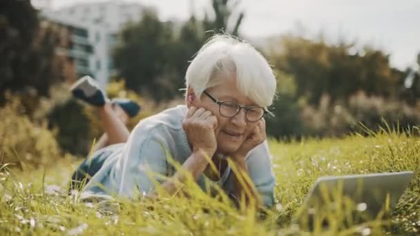ηλικιωμένη γυναίκα που έχει μια βιντεοκλήση, ενώ βρίσκεται στο γρασίδι του φθινοπώρου στο πάρκο - Πλάνα, βίντεο