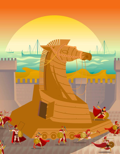 troy war wooden trap horse and trojan soldier behind the city walls - Vector, Image