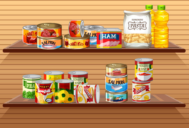Molti diversi alimenti in scatola o alimenti trasformati sugli scaffali a parete illustrazione - Vettoriali, immagini